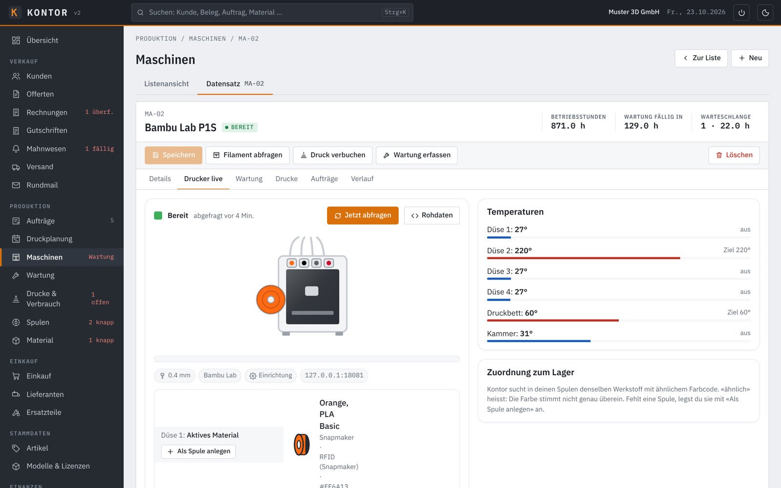 Drucker-Live-Ansicht mit Temperaturen und geladener Spule